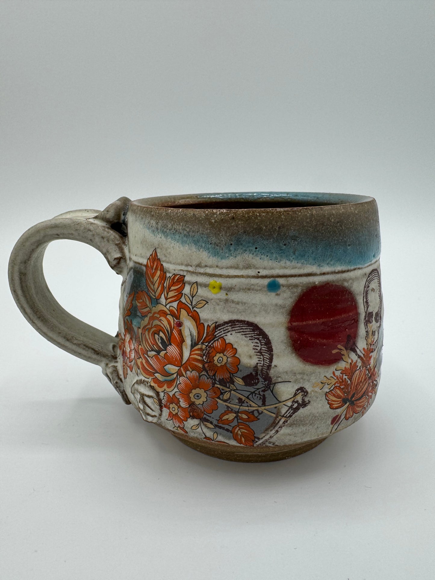 Skull and Crossbone Mug with Red Flowers